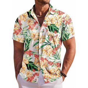 Men's White Hawaiian Shirt Short Sleeve Button Down Shirts Tropical Beach Shirt